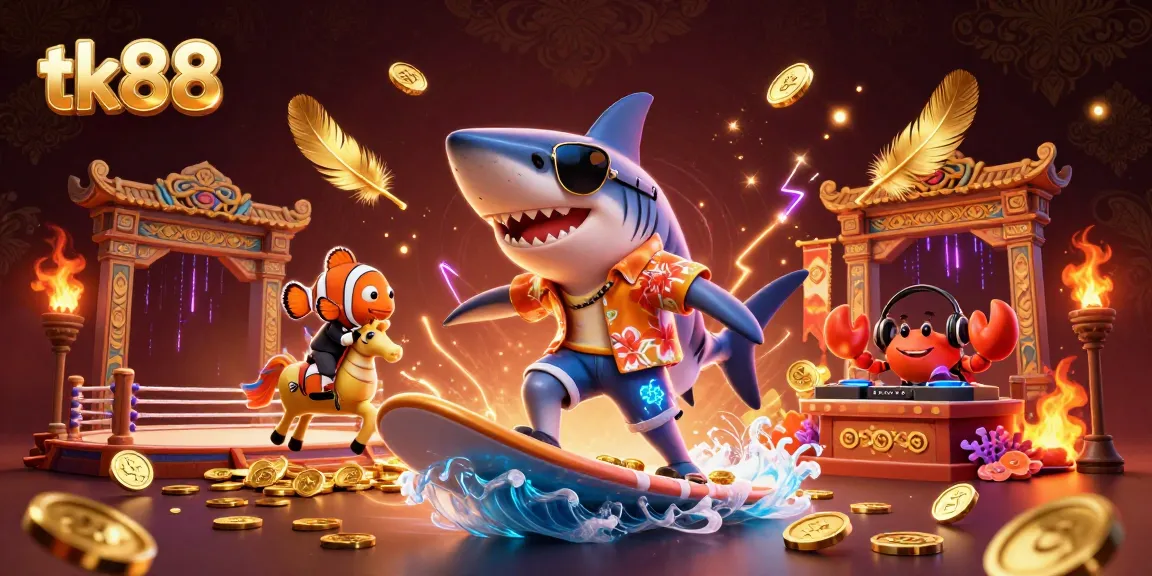 tk88 casino illustration with a shark surfing gold coins, clownfish, and DJ crab