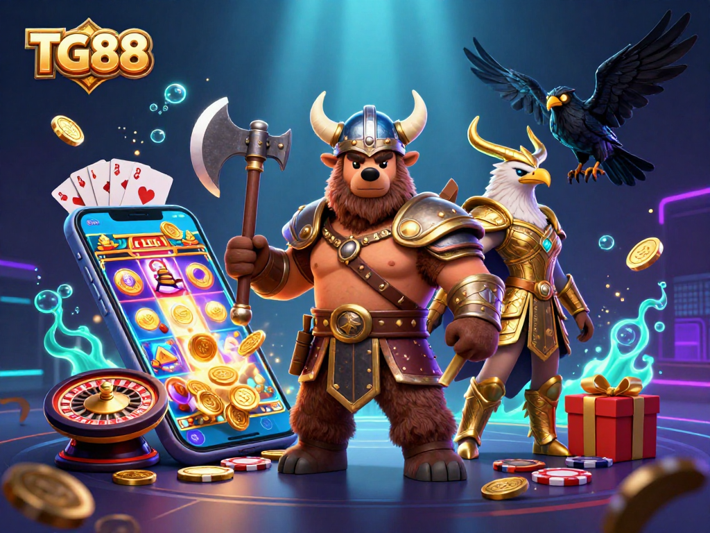 Experience TG88's thrilling slots with a Viking berserker and Valkyrie in an energetic casino scene.