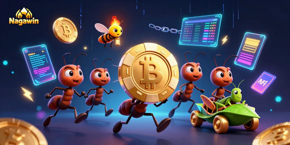 Play and win at Nagawin with a heist of cartoon ants and glowing crypto elements in a vibrant casino scene.