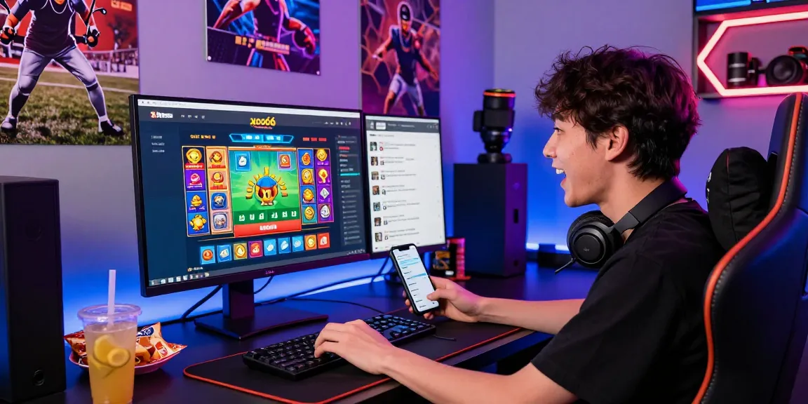 Excited user engaging with Xoso66 betting platform on computer in vibrant gaming setup