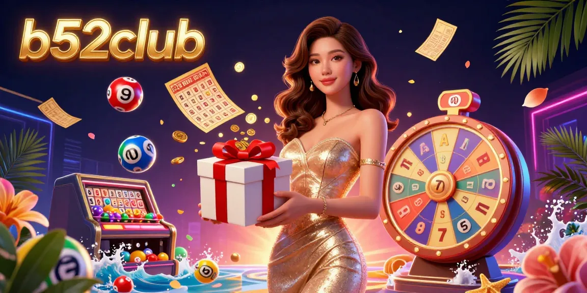 b52club offers thrilling gaming experiences with a festive casino illustration featuring floating lottery balls and vibrant prizes.