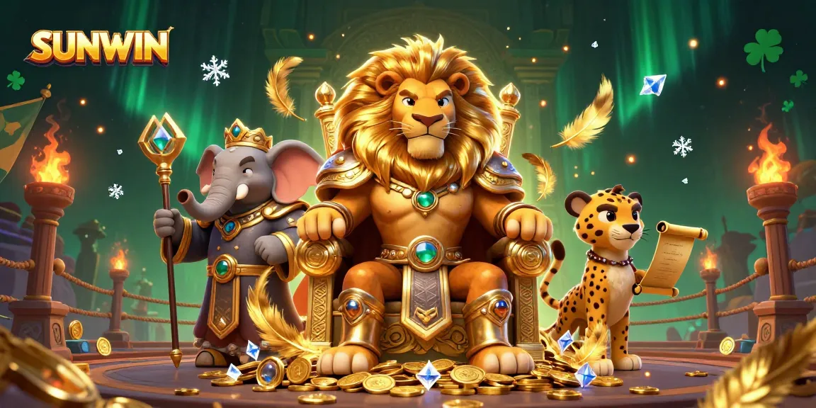 SUNWIN players engage in thrilling casino games amidst a dynamic scene featuring a lion king and royal advisors.