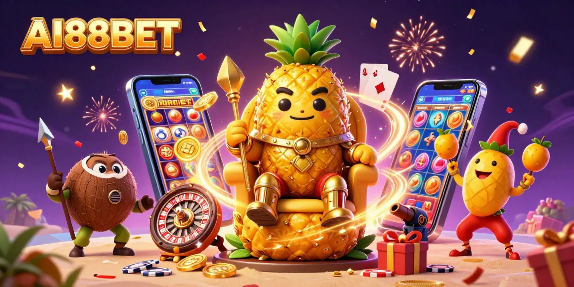Experience the vibrant world of AI88BET with a gold pineapple king surrounded by joyful casino elements.