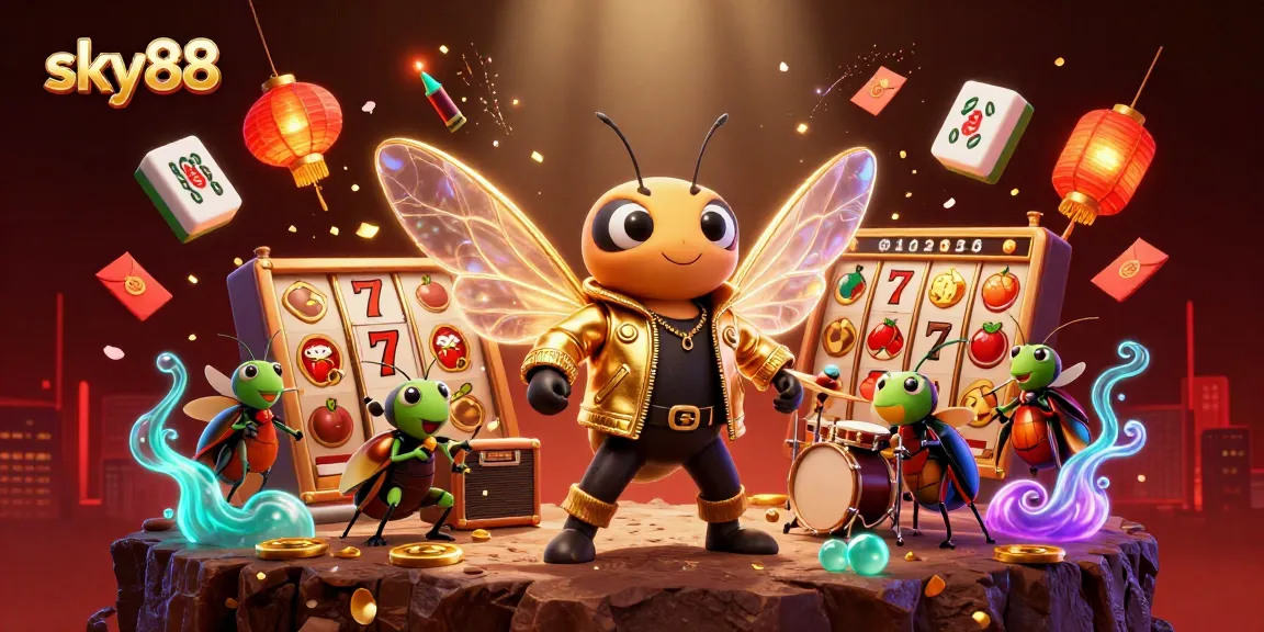 Experience winning moments at sky88, featuring a vibrant 3D scene filled with exciting jackpot symbols and lively characters.