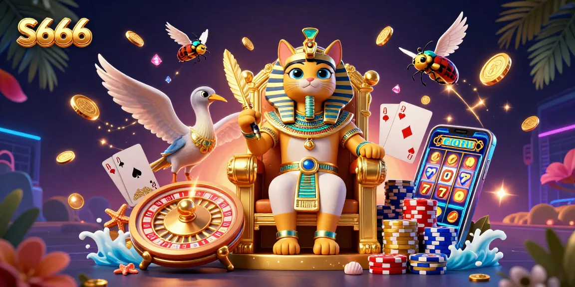 Experience thrilling gameplay at S666 with a vibrant casino illustration featuring dynamic characters and rich gaming elements.