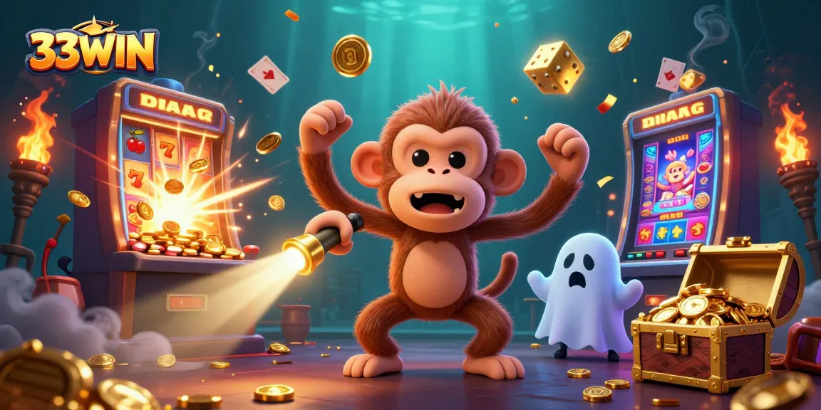 Engage with the thrilling atmosphere of 33WIN as golden tokens fly around a lively casino scene.