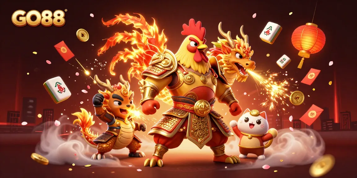 Experience gaming excitement with GO88, featuring a powerful rooster warrior and dragon hatchling.