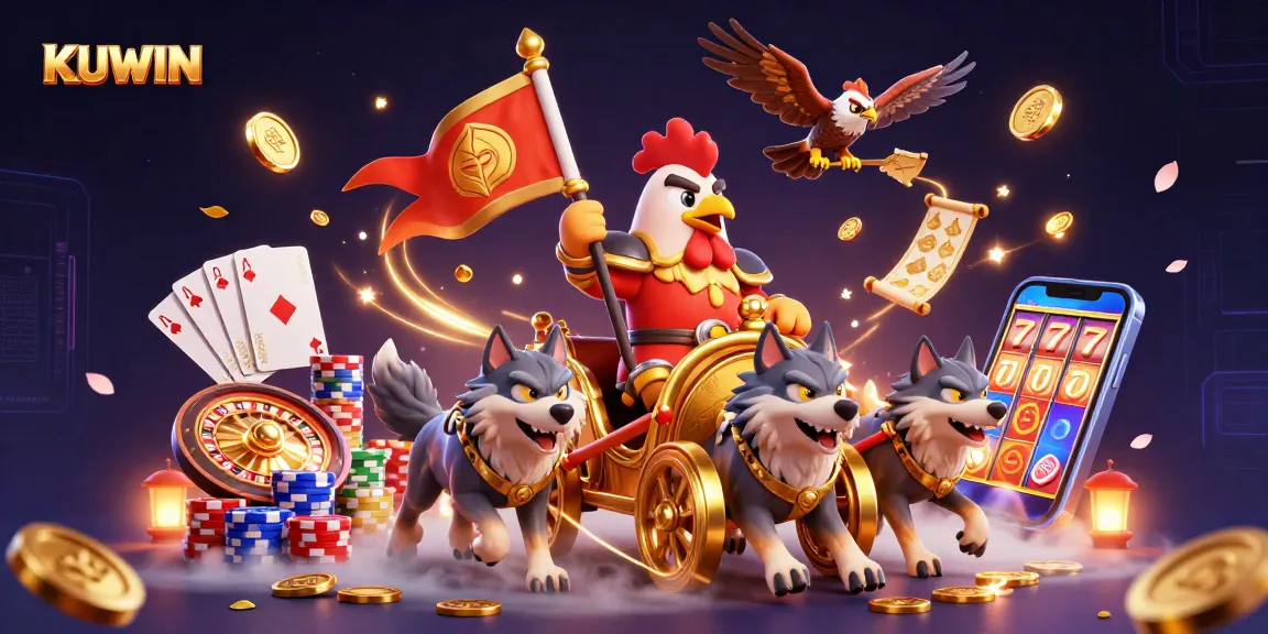 KUWIN brings excitement with a rooster warlord in a golden chariot amidst casino treasures.