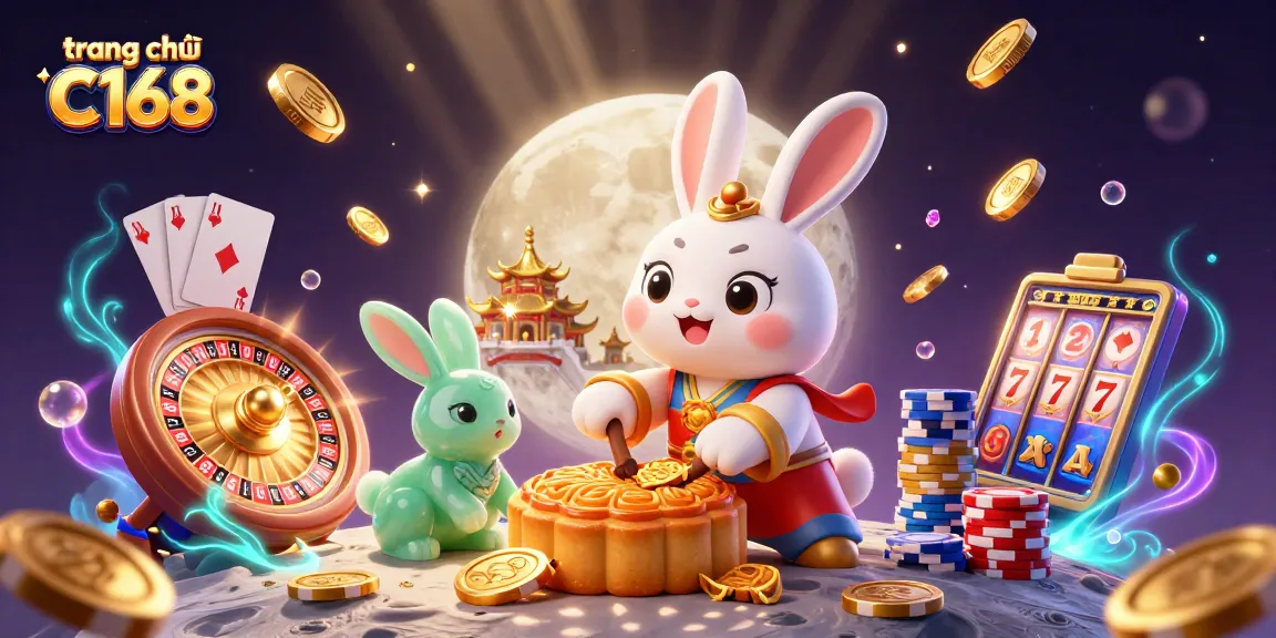 Experience the excitement of gaming at trang chủ C168 with a captivating 3D scene showcasing a moon rabbit and casino elements.