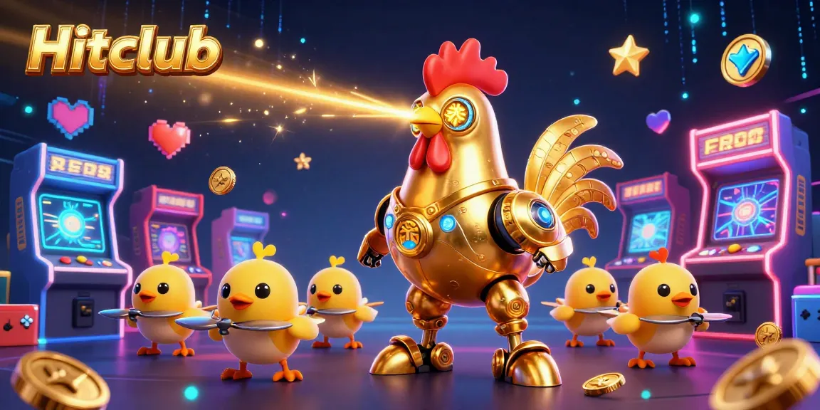 Join the excitement at Hitclub with a golden robot and baby chick drones in a vibrant gaming scene.