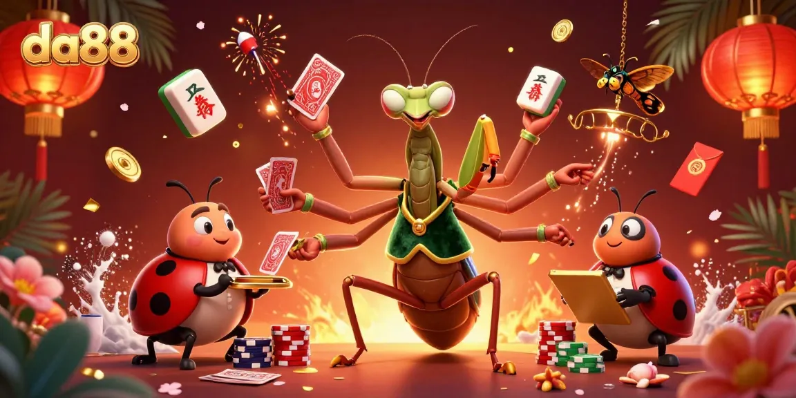 da88 showcases vibrant 3D casino action with a giant praying mantis and ladybug pit boss.