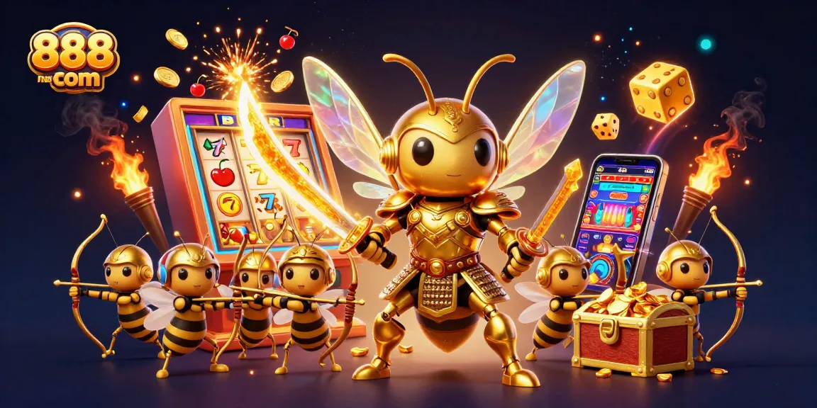Enticing 888new com illustration showcases a samurai hornet surrounded by vibrant casino elements, enhancing your gaming experience.