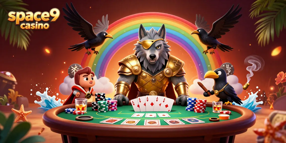 Engaging scene at space9 casino featuring Odin and ravens with poker elements and vibrant details.